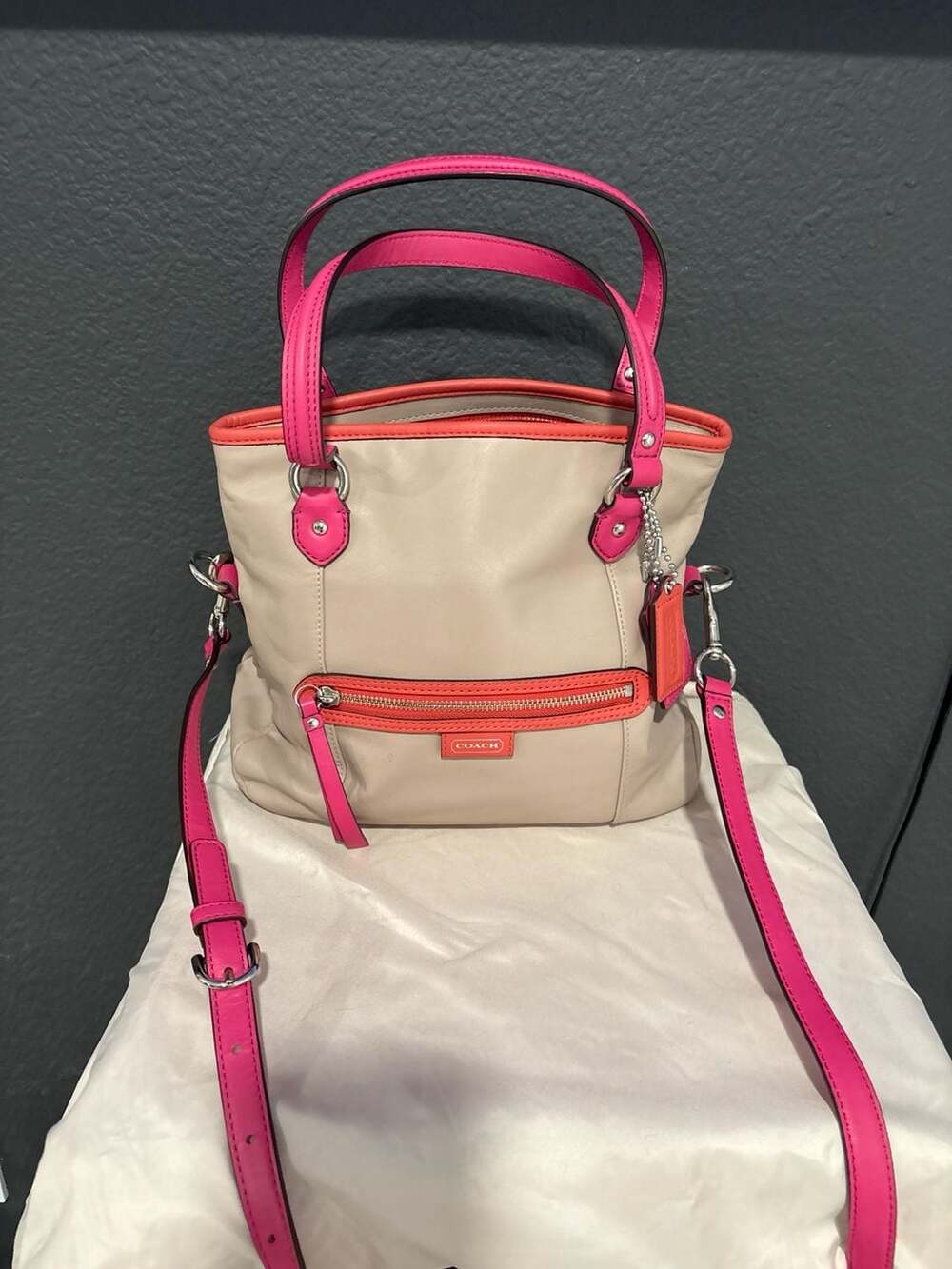 Coach Park Metro Small Colorblock Leather Tote Bag - Beige, Pink & Orange